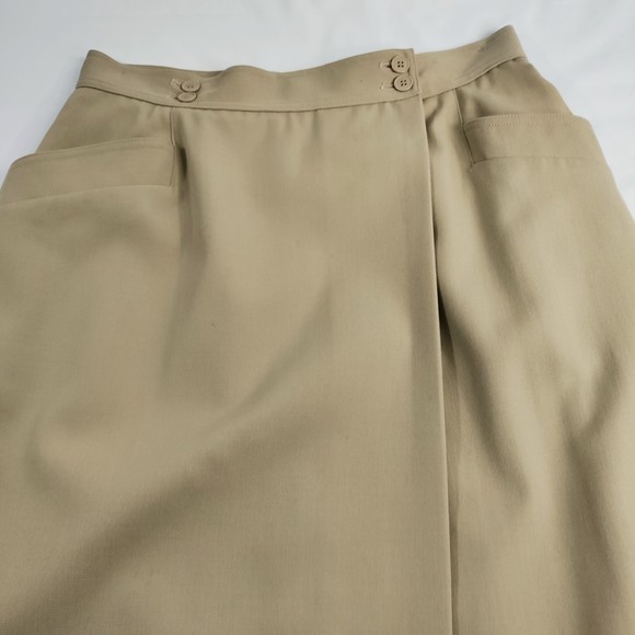 Liz Claiborne Vintage Wool Twill Khaki Button Wrap Skirt EUC Women's Size 12 - Picture 3 of 9